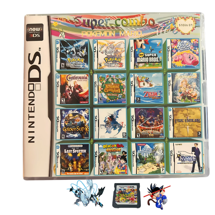 510-in-1 Super Combo DS-Spielemodul – Pokémon, Mario, Dragon Ball und mehr | für Nintendo DS/DSi/3DS/2DS