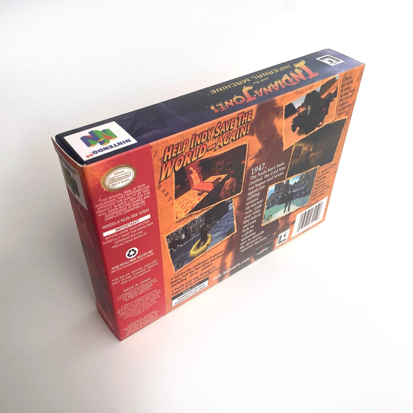 Indiana Jones Infernal Machine N64 box back side details and features