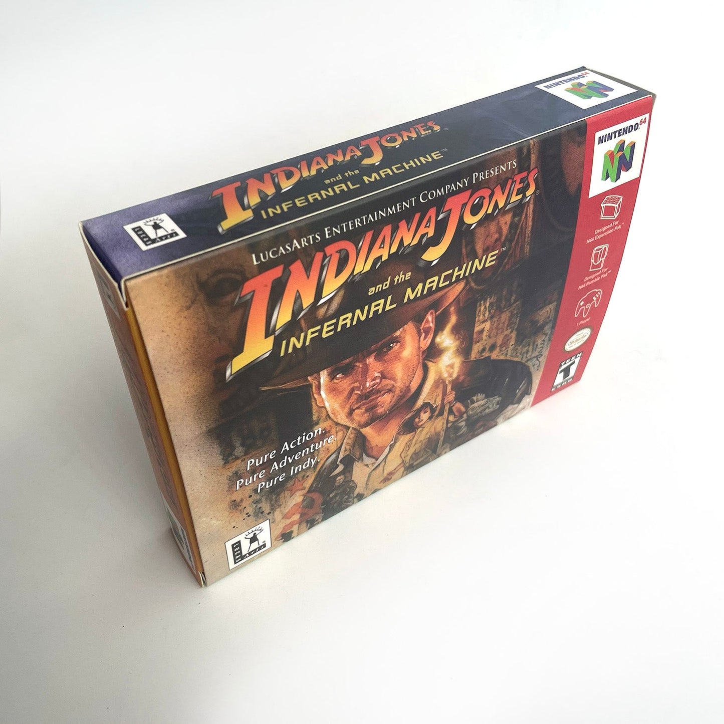 Indiana Jones Infernal Machine Nintendo 64 box angled side view