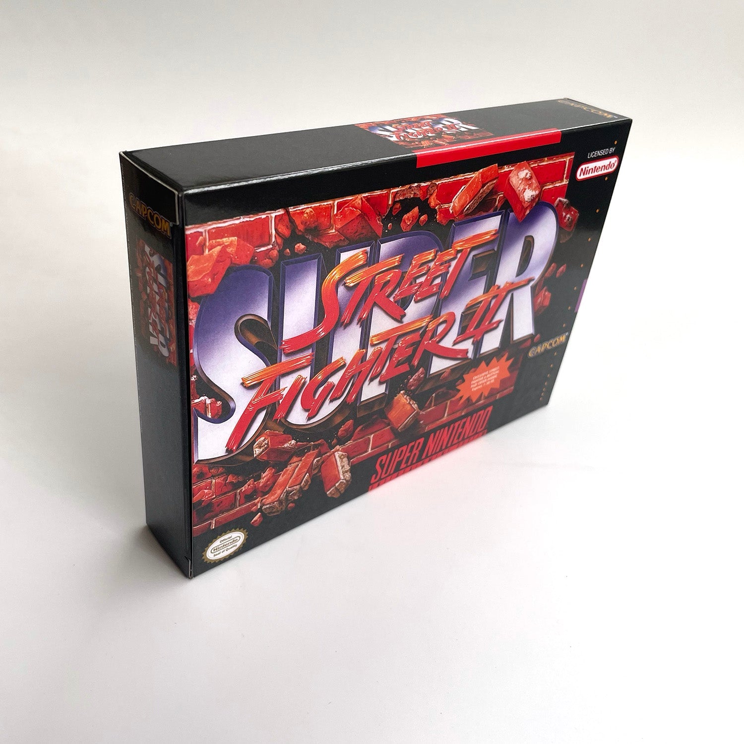 Angled view of Super Street Fighter II: The New Challengers SNES collector-style box.