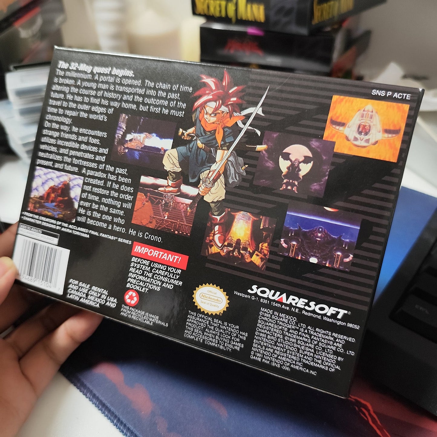 Back view of Chrono Trigger SNES box showing story details, screenshots, and barcode.