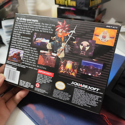 Back view of Chrono Trigger SNES box showing story details, screenshots, and barcode.
