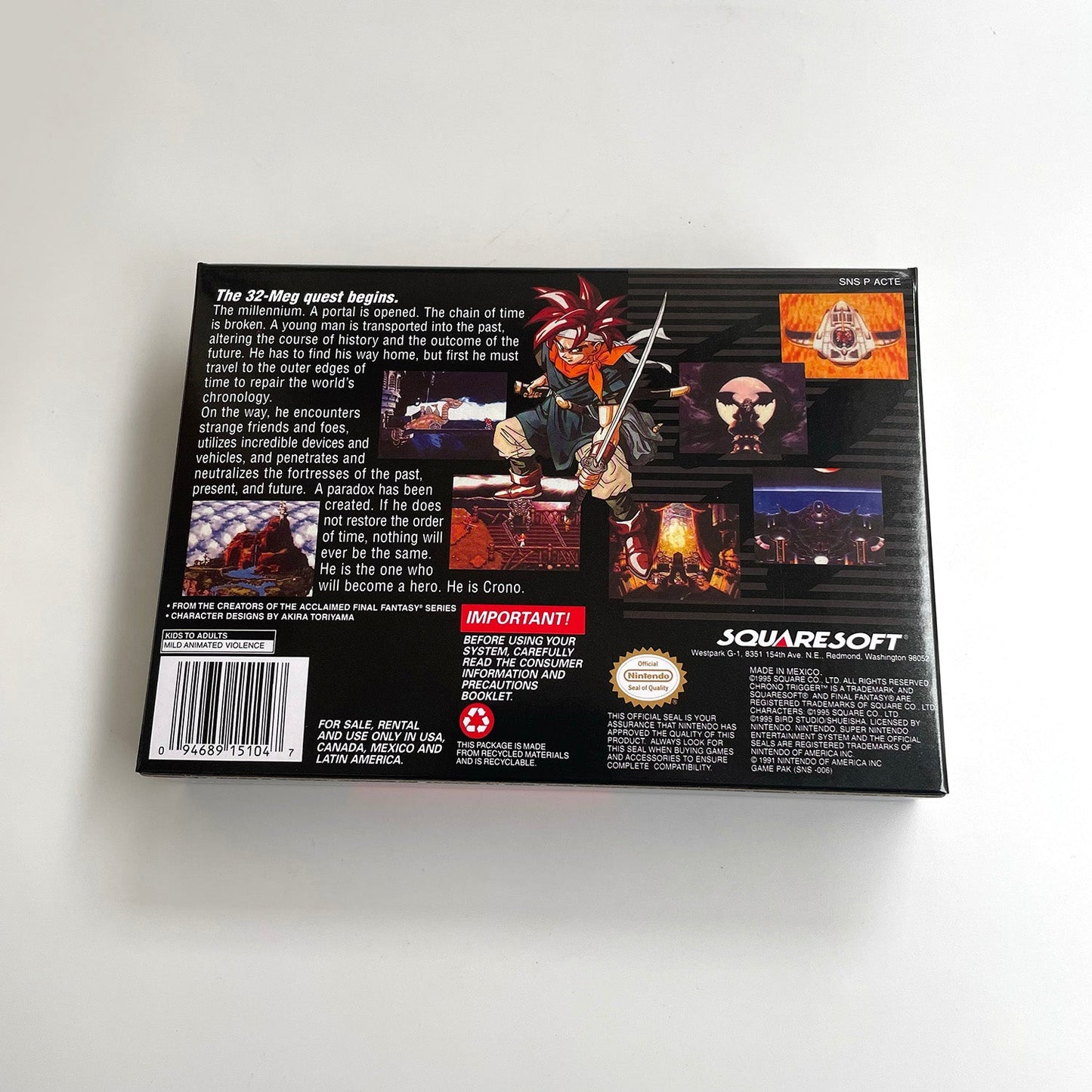 Back view of Chrono Trigger SNES box with gameplay screenshots and product details.