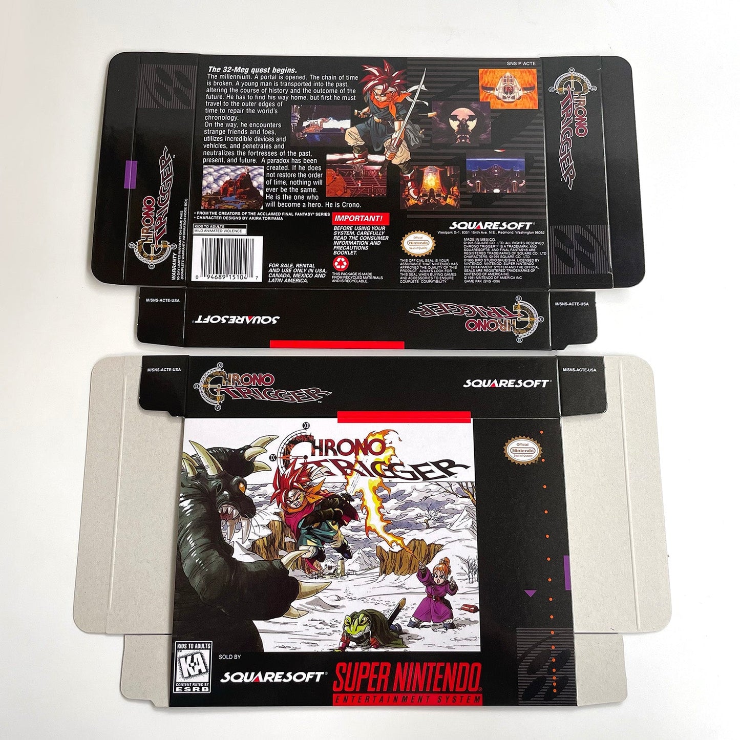 Chrono Trigger SNES box and cartridge shown together for collector display.