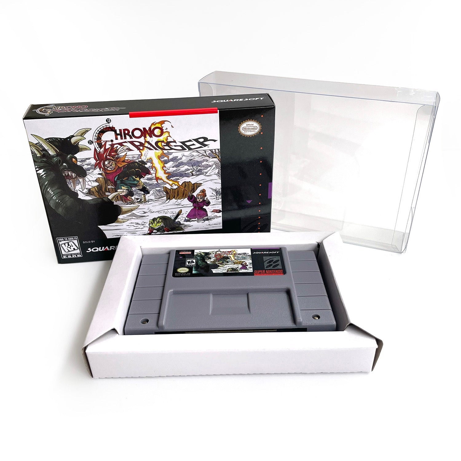Chrono Trigger SNES cartridge displayed with collector-style box and clear protective case.
