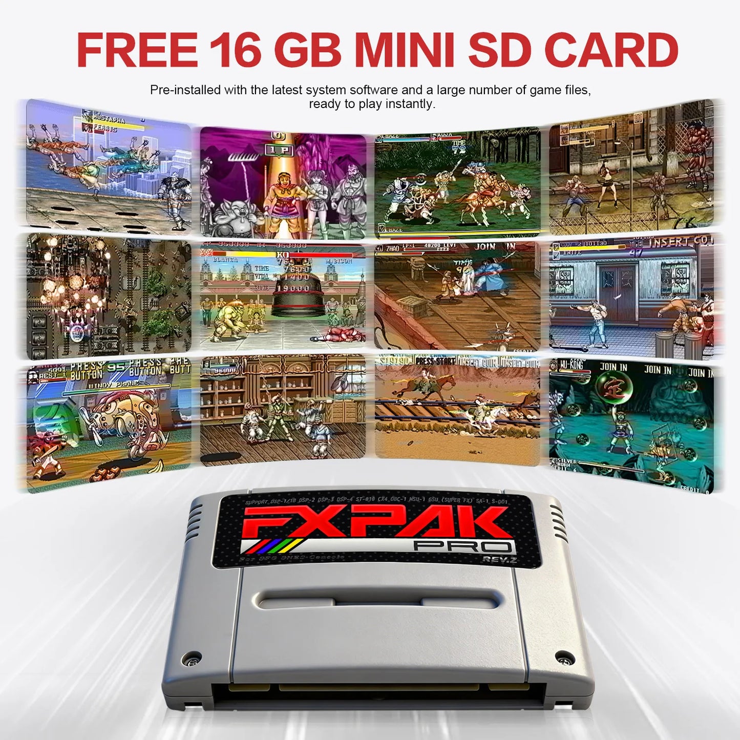 FXPAK Pro Rev.Z SNES flash cartridge with free 16GB mini SD card and preloaded game collection
