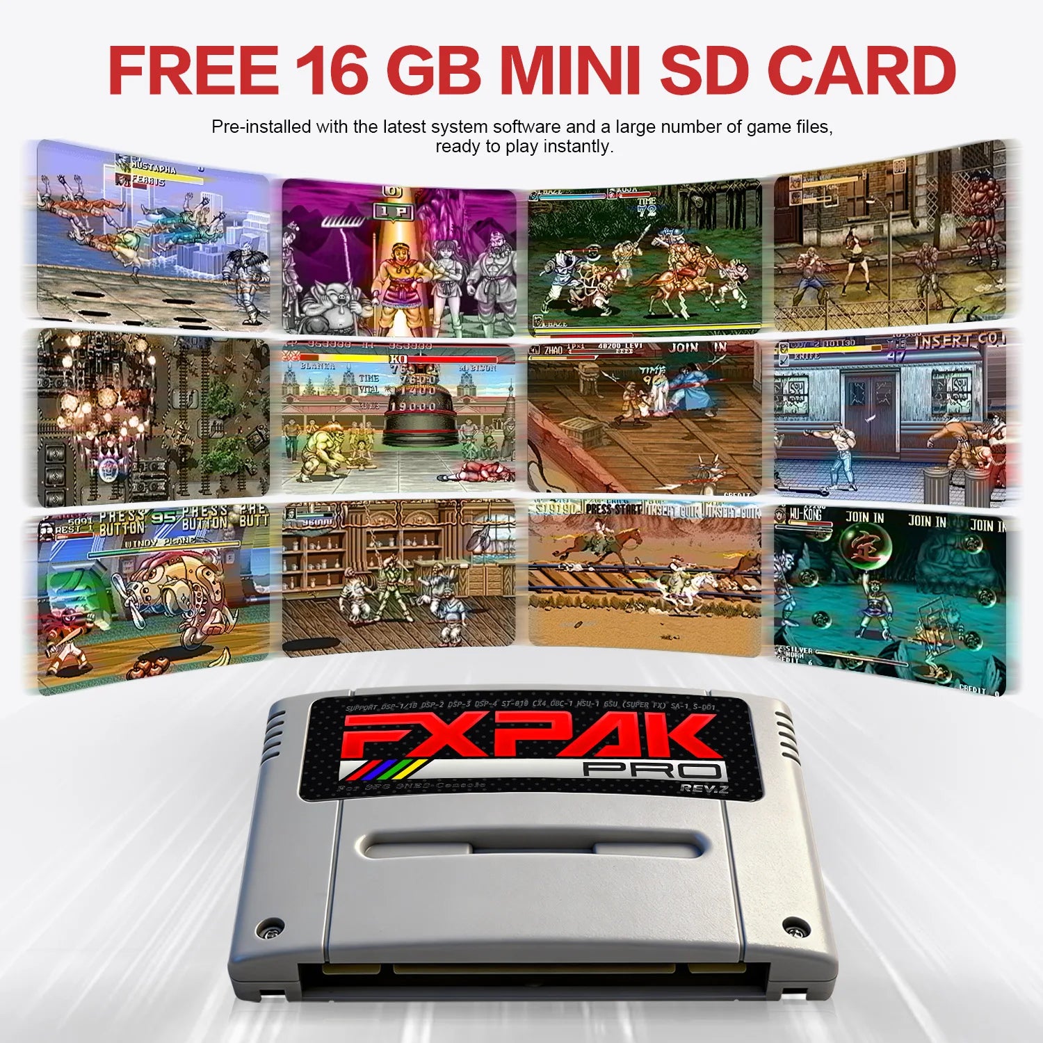 FXPAK Pro Rev.Z SNES flash cartridge with free 16GB mini SD card and preloaded game collection