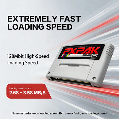 FXPAK Pro Rev.Z SNES flash cartridge highlighting fast loading speed and 128Mbit high-speed performance
