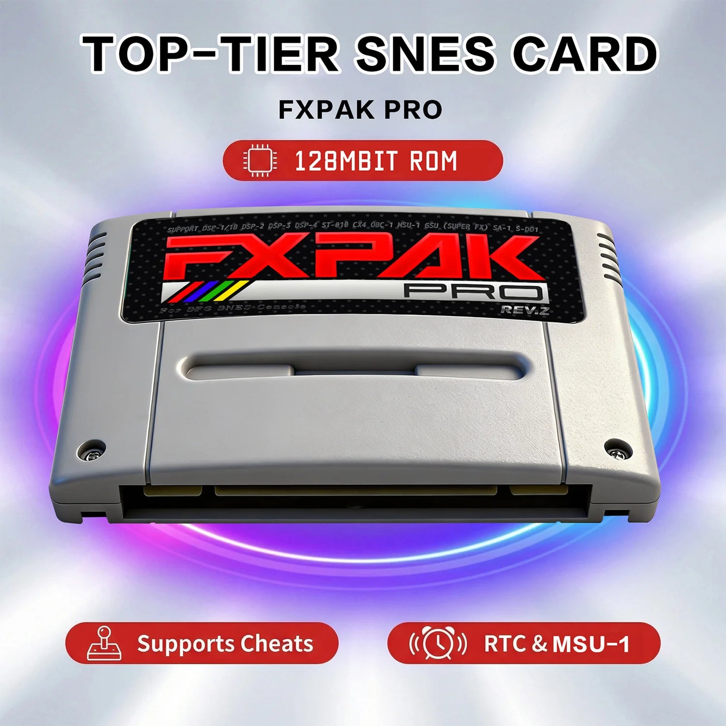 FXPAK Pro Rev.Z premium SNES flash cart with 128Mbit ROM, cheat support, RTC, and MSU-1 features