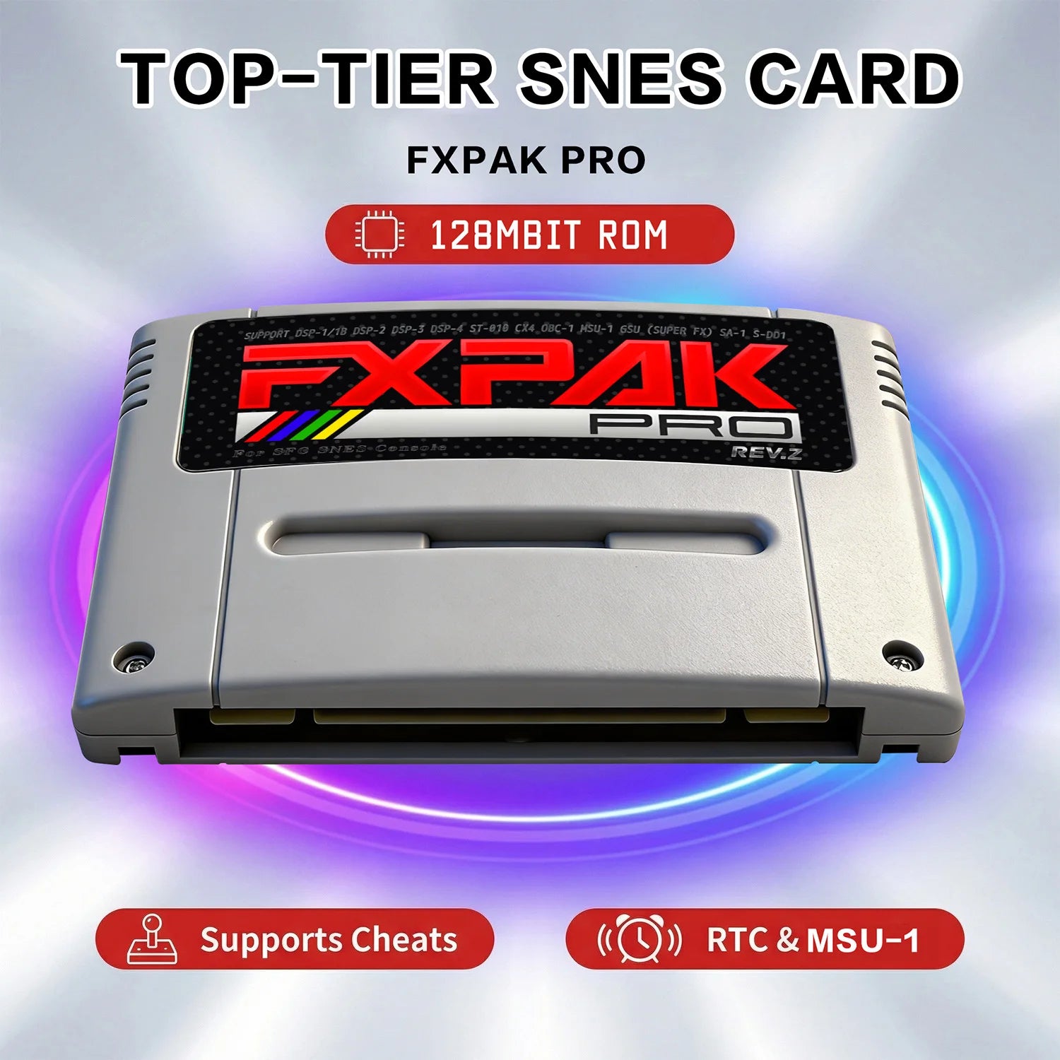 FXPAK Pro Rev.Z premium SNES flash cart with 128Mbit ROM, cheat support, RTC, and MSU-1 features