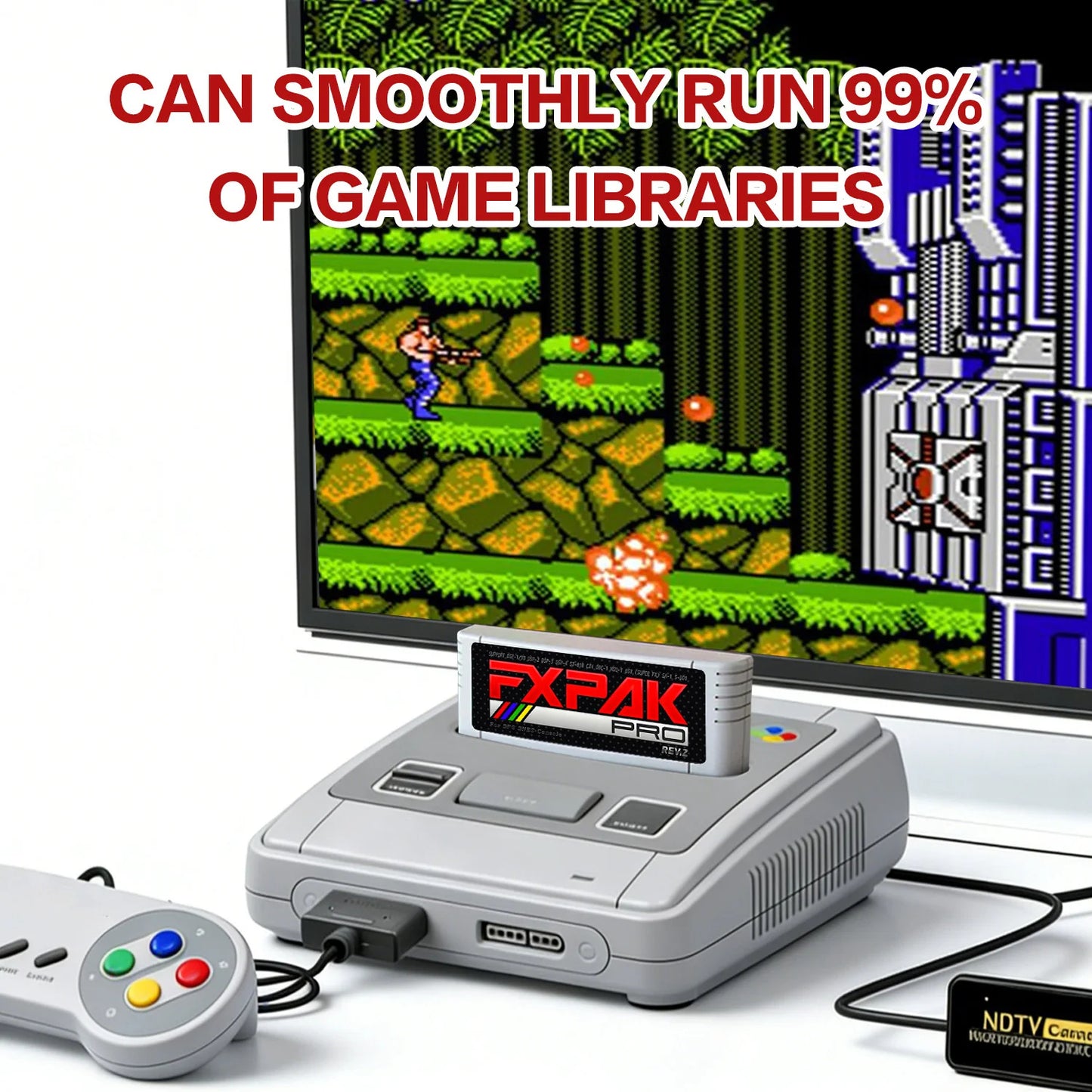 FXPAK Pro Rev.Z cartridge inserted in a Super Nintendo console running classic 16-bit games