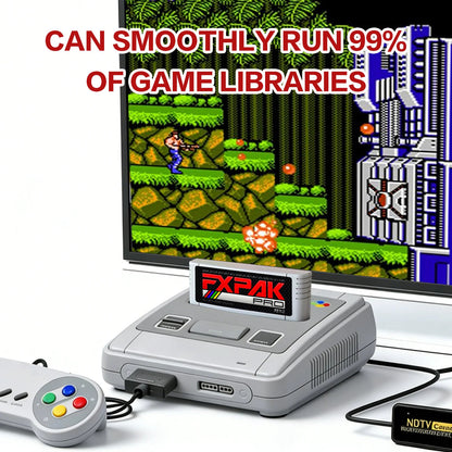 FXPAK Pro Rev.Z cartridge inserted in a Super Nintendo console running classic 16-bit games