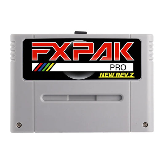 FXPAK Pro Rev.Z SNES flash cartridge in grey shell with black and red label