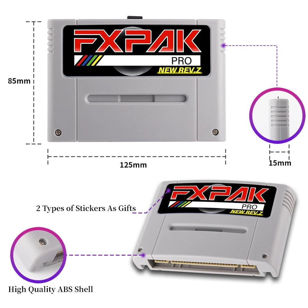 FXPAK Pro Rev.Z SNES flash cartridge showing 125mm x 85mm x 15mm size, high quality ABS shell, and included sticker design.