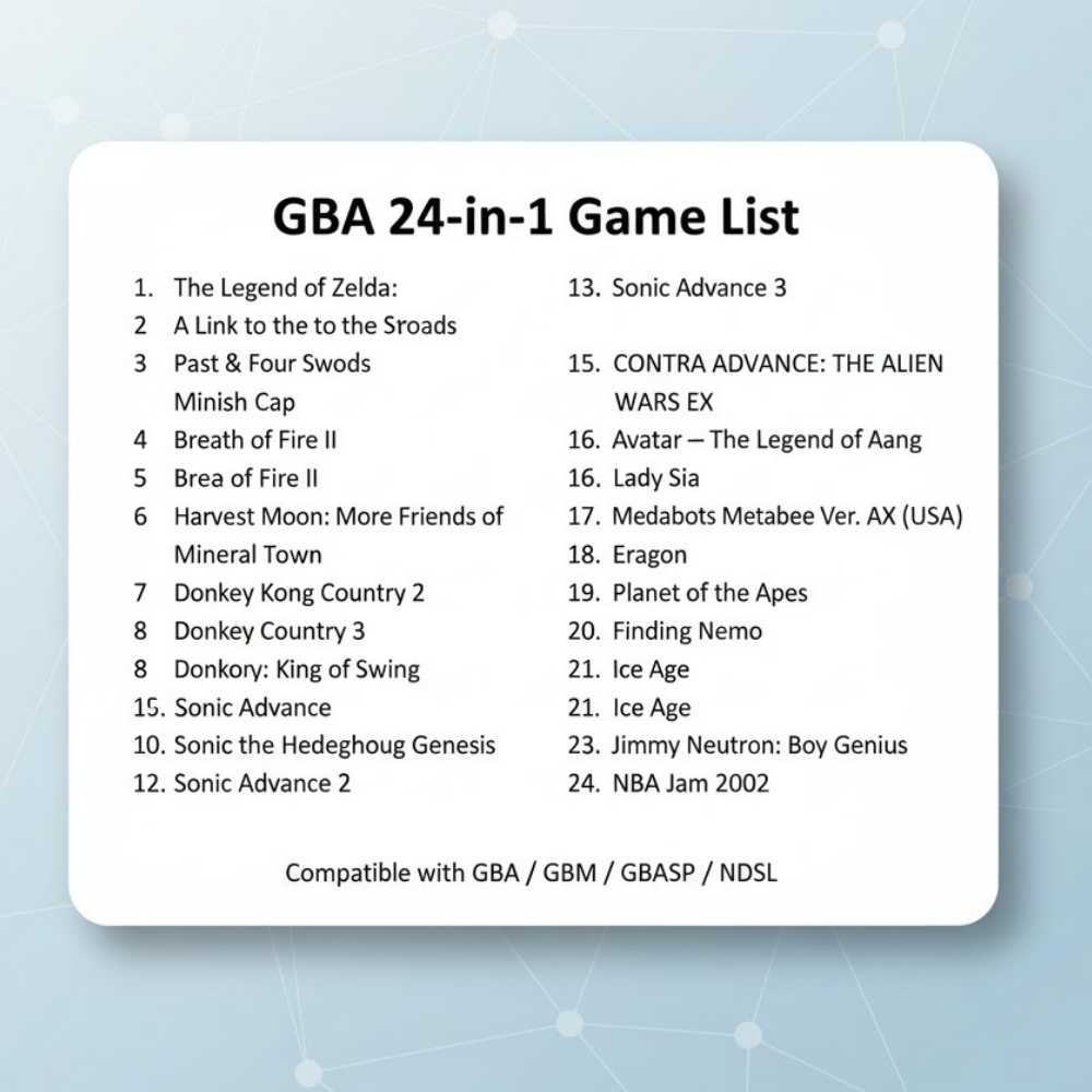 GBA 24-in-1 Collection – Multi-Game Cartridge for Game Boy Advance