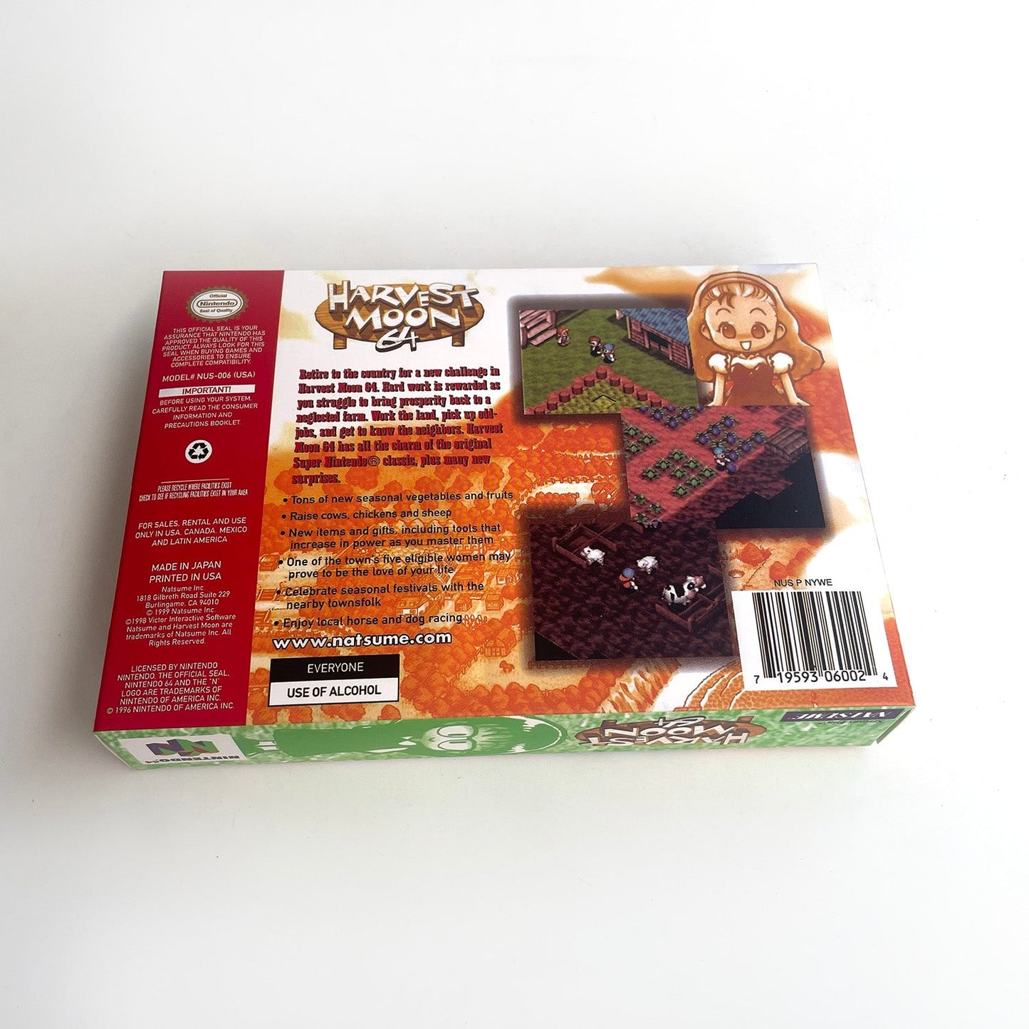 Harvest Moon 64 N64 box back side features and gameplay details