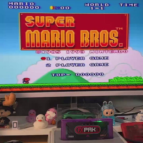 FXPAK Pro Rev.Z cartridge running a Super Mario Bros game on a Super Nintendo console