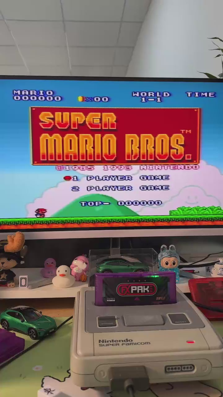 FXPAK Pro Rev.Z cartridge running a Super Mario Bros game on a Super Nintendo console