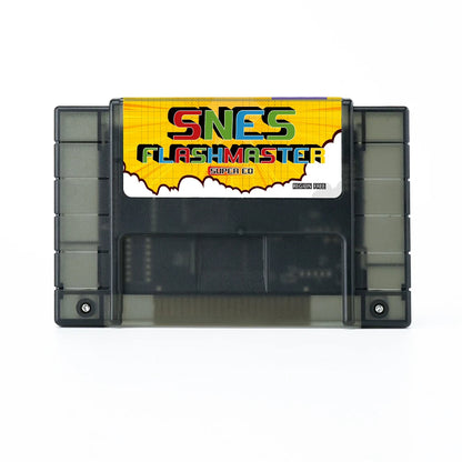 SNES 3000-in-1 flash cartridge for Super Nintendo with transparent black shell.