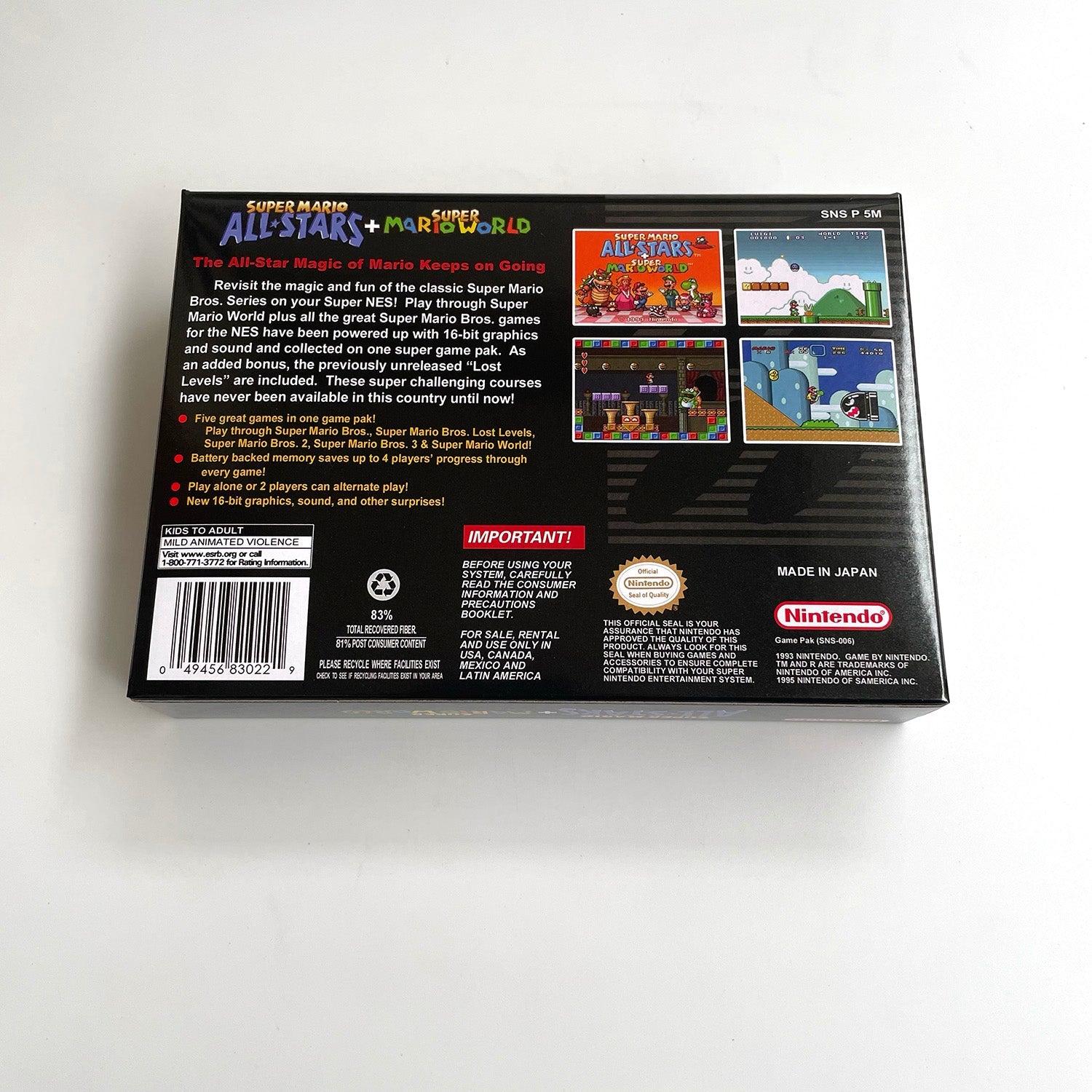 Back view of Super Mario All-Stars + Super Mario World SNES box showing game details, screenshots, and barcode.