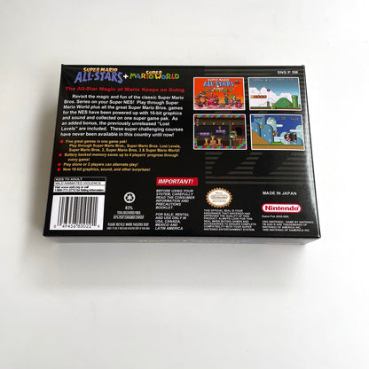Back view of Super Mario All-Stars + Super Mario World SNES box showing game details, screenshots, and barcode.