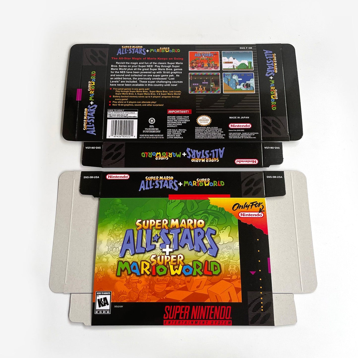 Super Mario All-Stars + Super Mario World SNES box and cartridge shown together for collector display.
