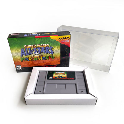 Super Mario All-Stars + Super Mario World SNES cartridge displayed with collector-style box and clear protective case.
