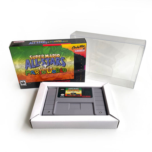 Super Mario All-Stars + Super Mario World SNES cartridge displayed with collector-style box and clear protective case.
