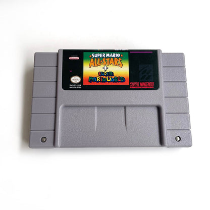 Front view of Super Mario All-Stars + Super Mario World SNES game cartridge.
