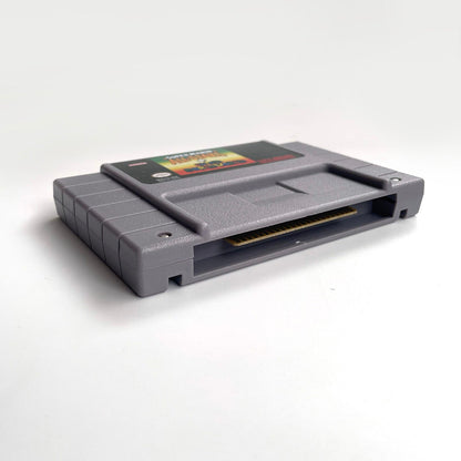 Angled top view of Super Mario All-Stars + Super Mario World SNES cartridge with front label.