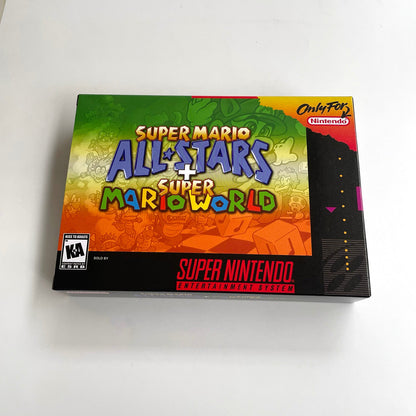 Front view of Super Mario All-Stars + Super Mario World SNES collector-style box.