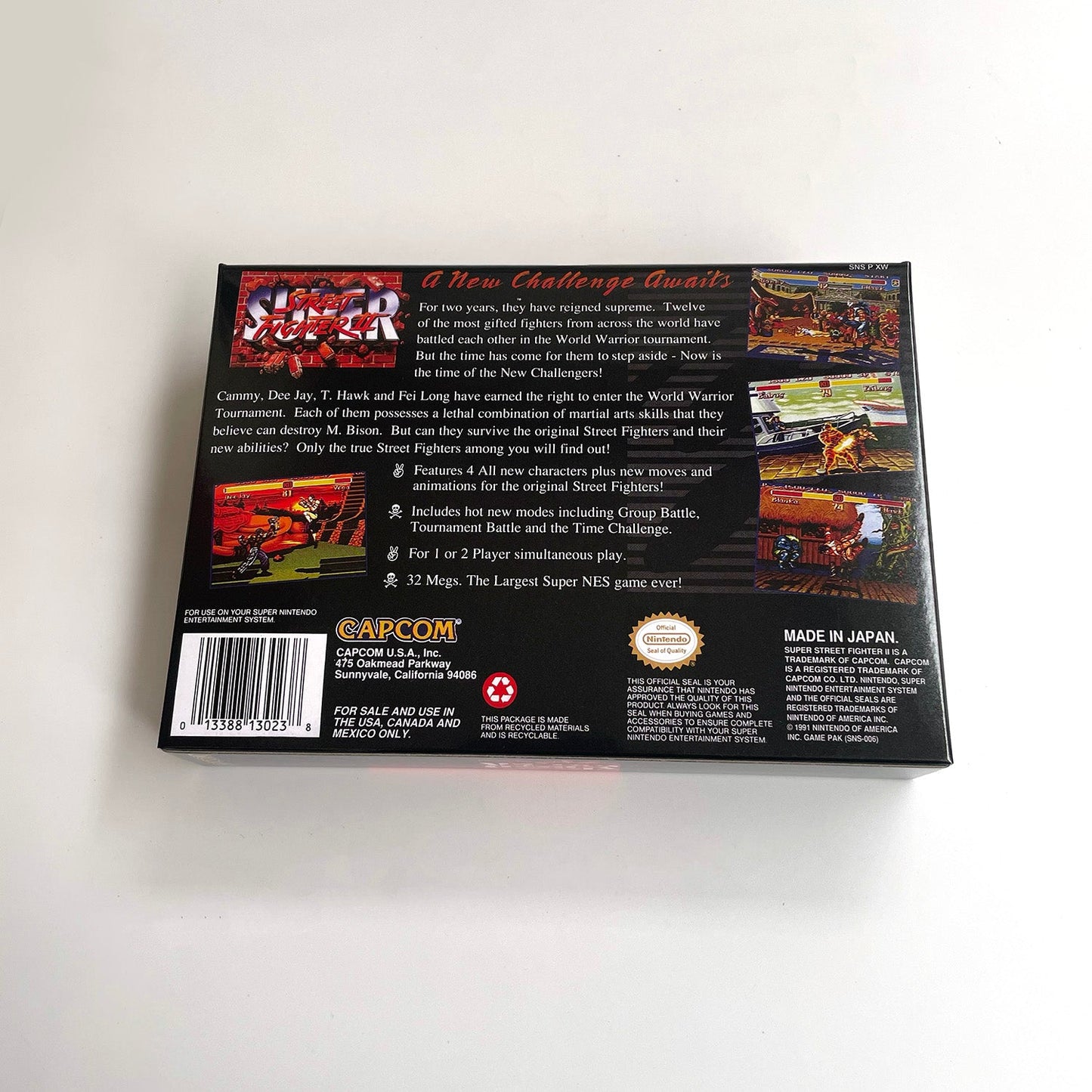 Back view of Super Street Fighter II: The New Challengers SNES box showing screenshots, game details, and barcode.