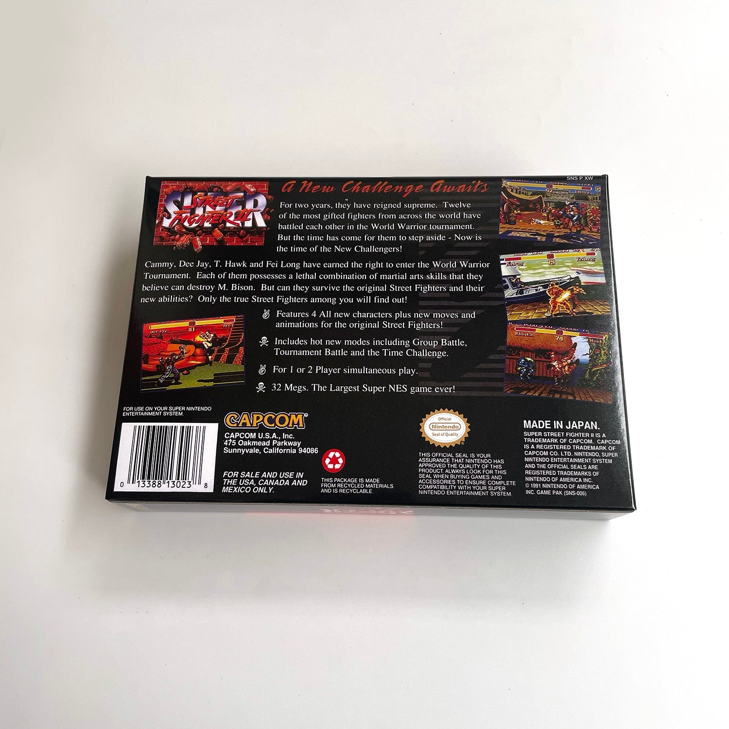 Back view of Super Street Fighter II: The New Challengers SNES box showing screenshots, game details, and barcode.