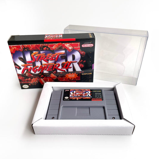 Super Street Fighter II: The New Challengers SNES cartridge displayed with collector-style box and clear protective case.
