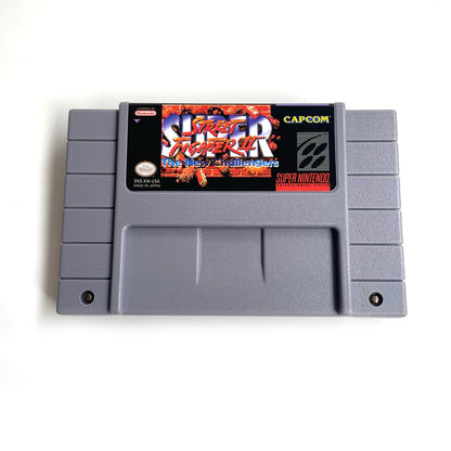 Front view of Super Street Fighter II: The New Challengers SNES game cartridge.