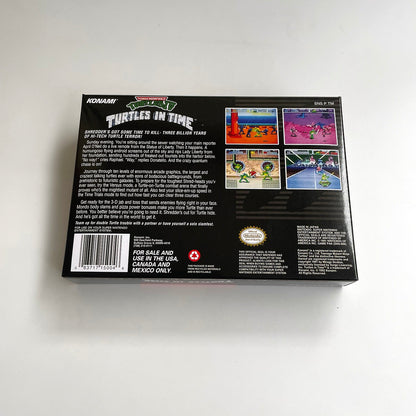Back view of Teenage Mutant Ninja Turtles IV: Turtles in Time SNES box showing screenshots, game details, and barcode.