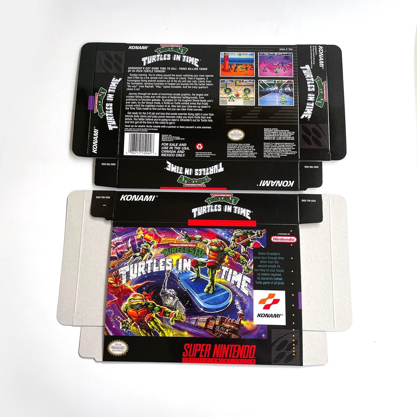 Teenage Mutant Ninja Turtles IV: Turtles in Time SNES box and cartridge shown together.