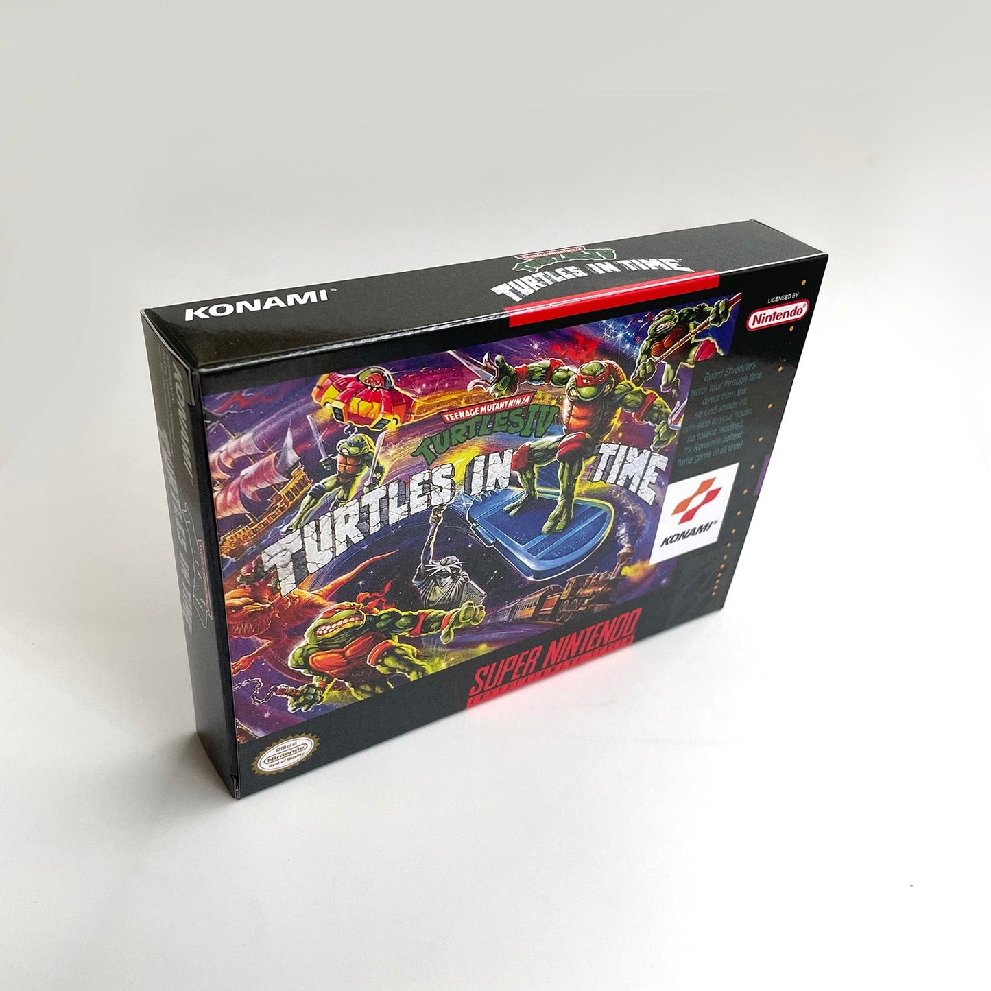 Angled view of Teenage Mutant Ninja Turtles IV: Turtles in Time SNES collector-style box.