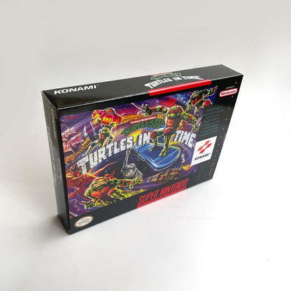 Angled view of Teenage Mutant Ninja Turtles IV: Turtles in Time SNES collector-style box.