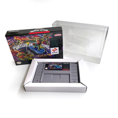 Teenage Mutant Ninja Turtles IV: Turtles in Time SNES cartridge displayed with collector-style box and clear protective case.