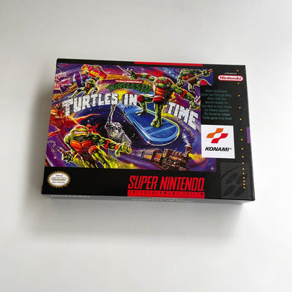 Front view of Teenage Mutant Ninja Turtles IV: Turtles in Time SNES box artwork.